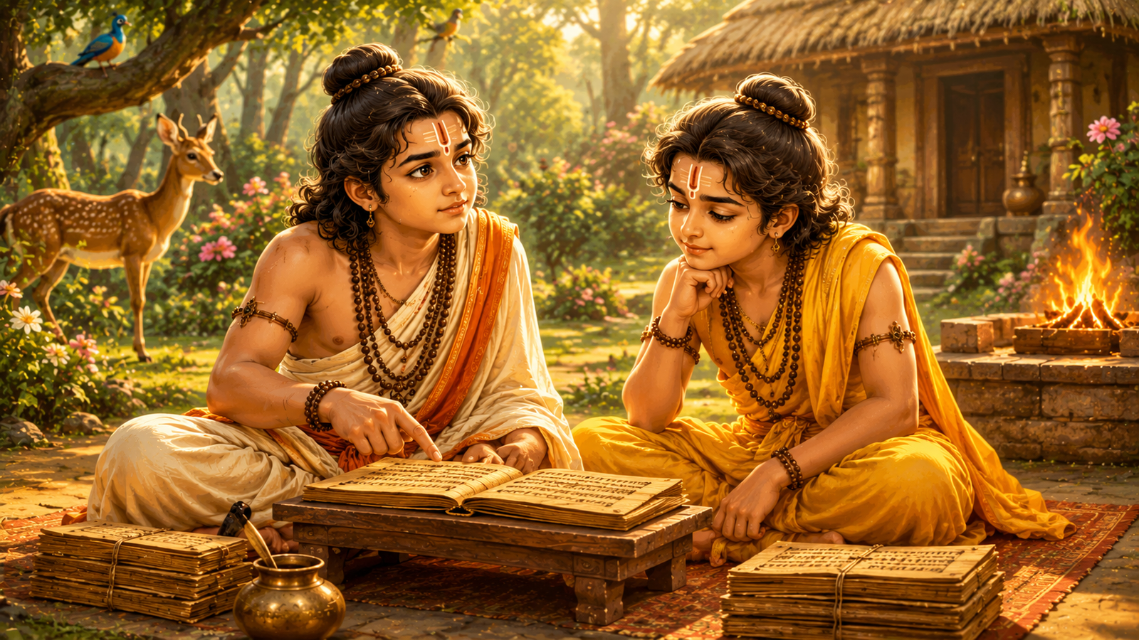 Young Shukracharya and Brihaspati studying ancient wisdom