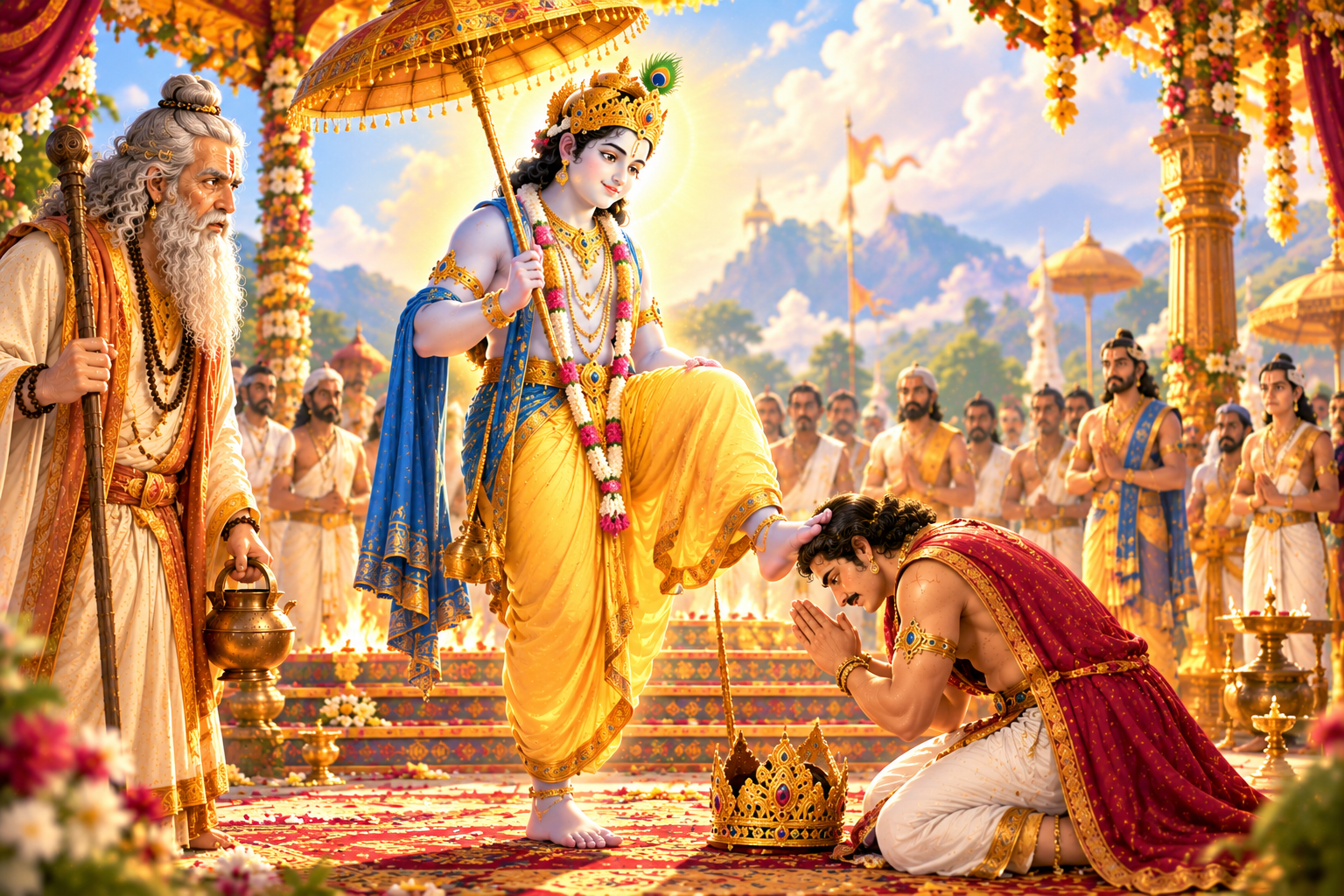 King Bali humbly offering his head for the third step of Lord Vamana