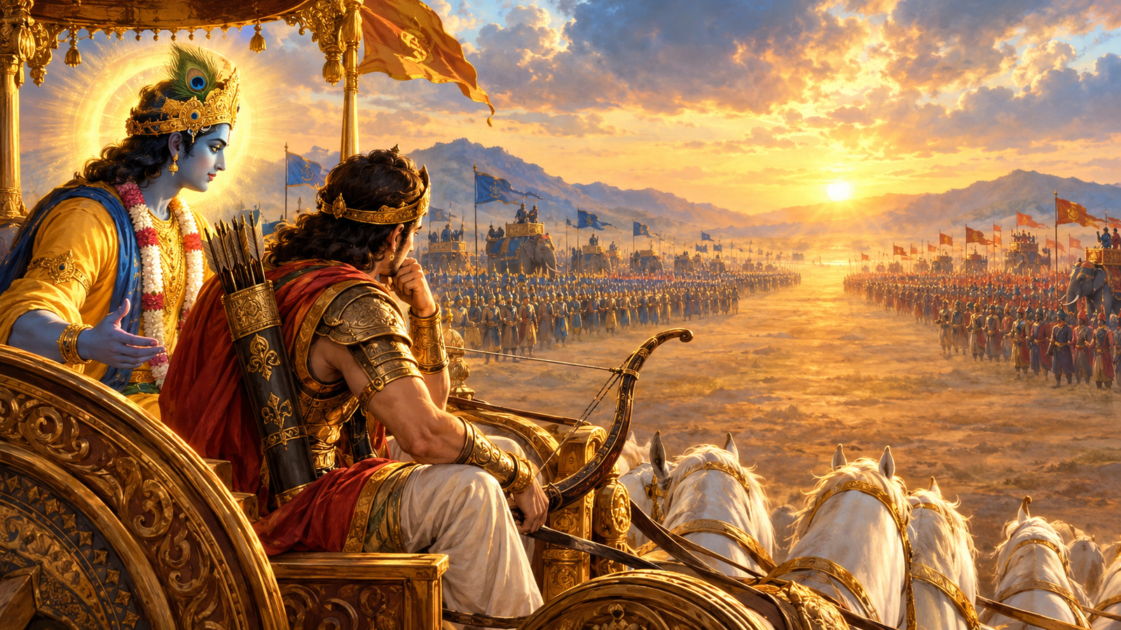 Arjuna overwhelmed on the battlefield of Kurukshetra with Krishna beside him