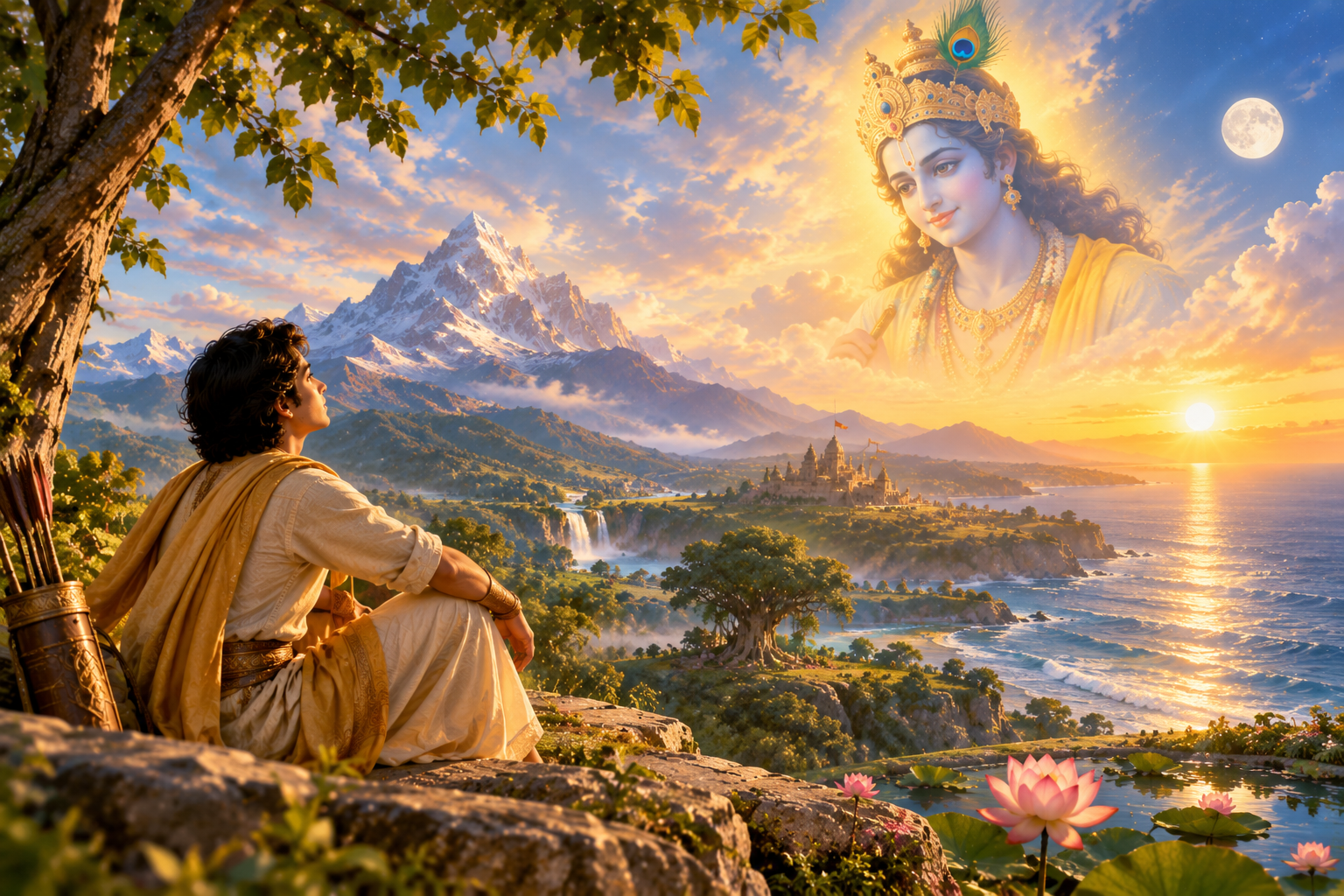 Lord Krishna explaining divine manifestations and the presence of the Divine in everyday life to Arjuna in Bhagavad Gita Chapter 10