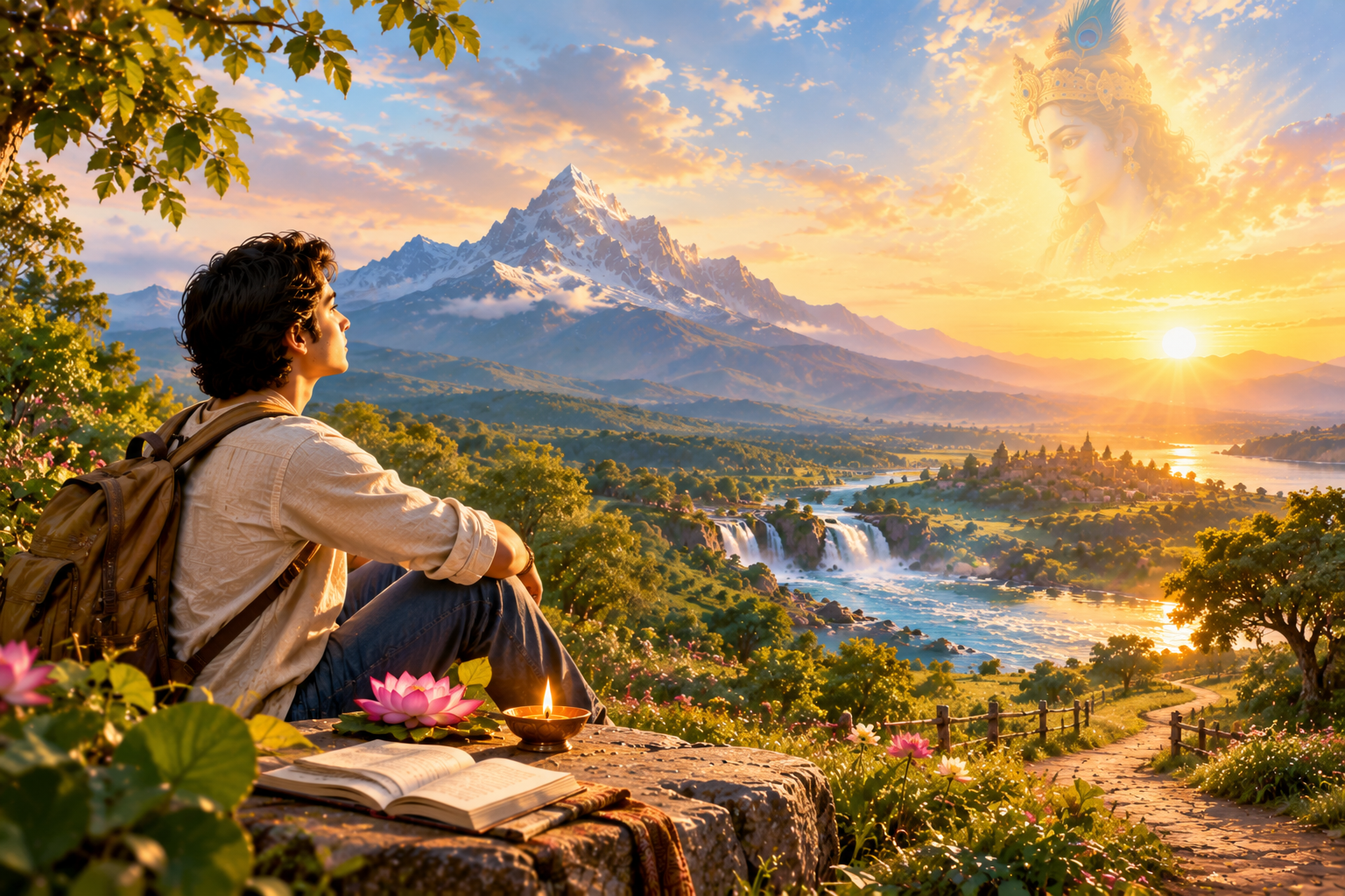 Young modern Indian person observing nature and recognizing beauty, strength and inspiration as a symbolic representation of Bhagavad Gita Chapter 10