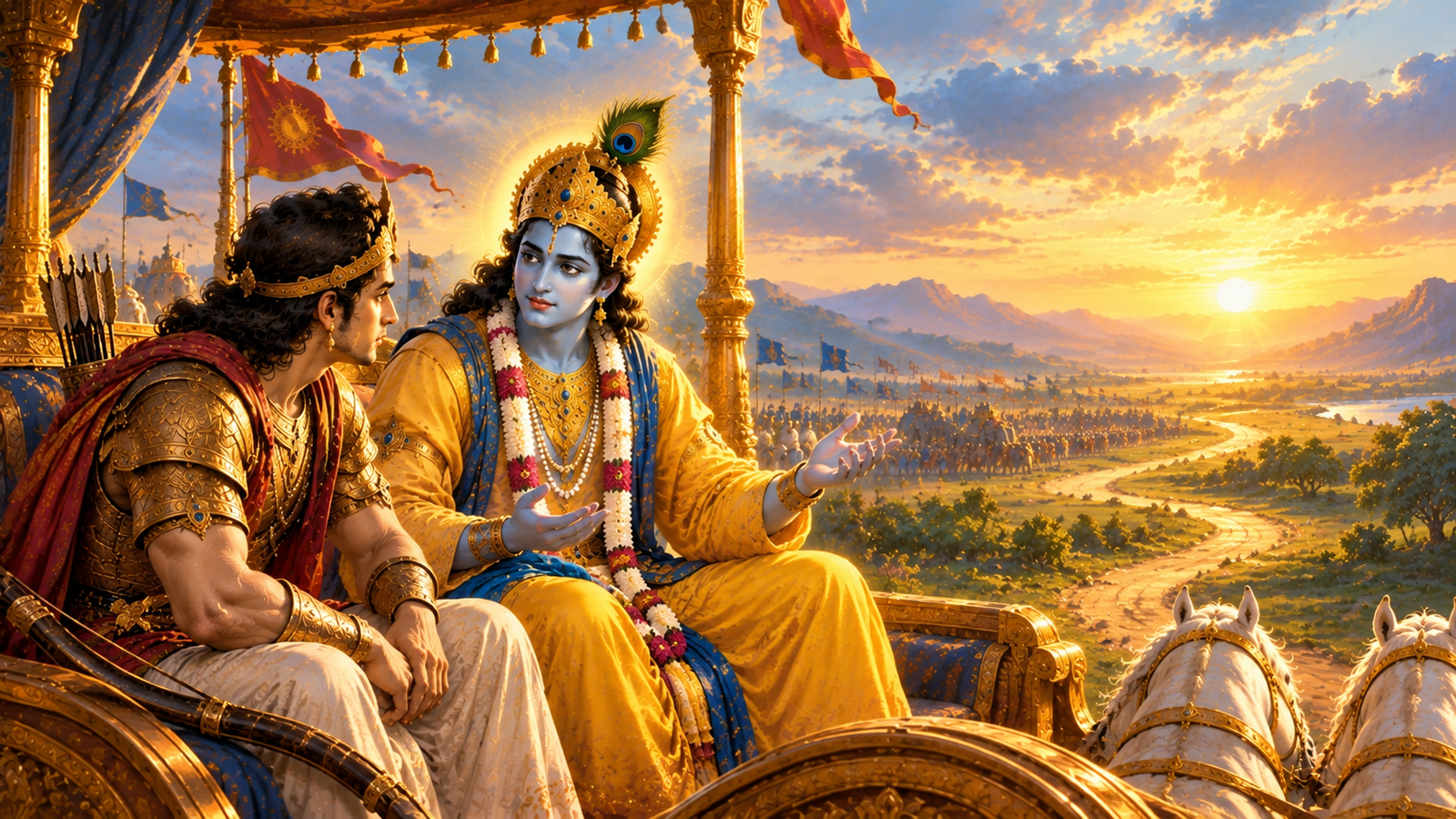 Lord Krishna explaining Karma Yoga to Arjuna on the battlefield of Kurukshetra