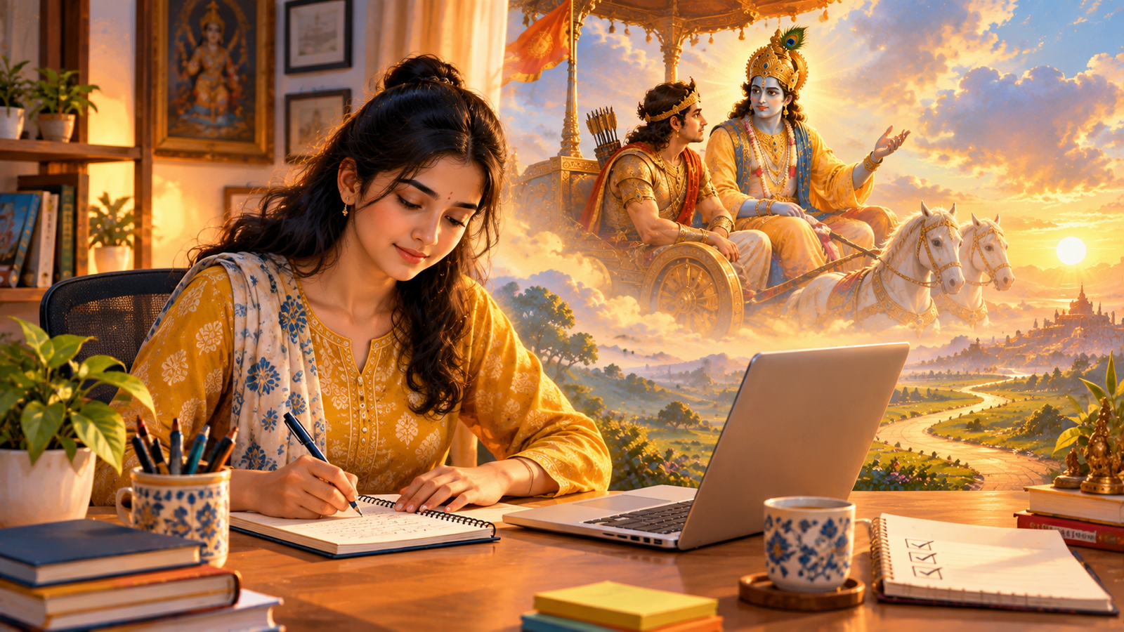 Young person practicing focused work as a modern representation of Karma Yoga