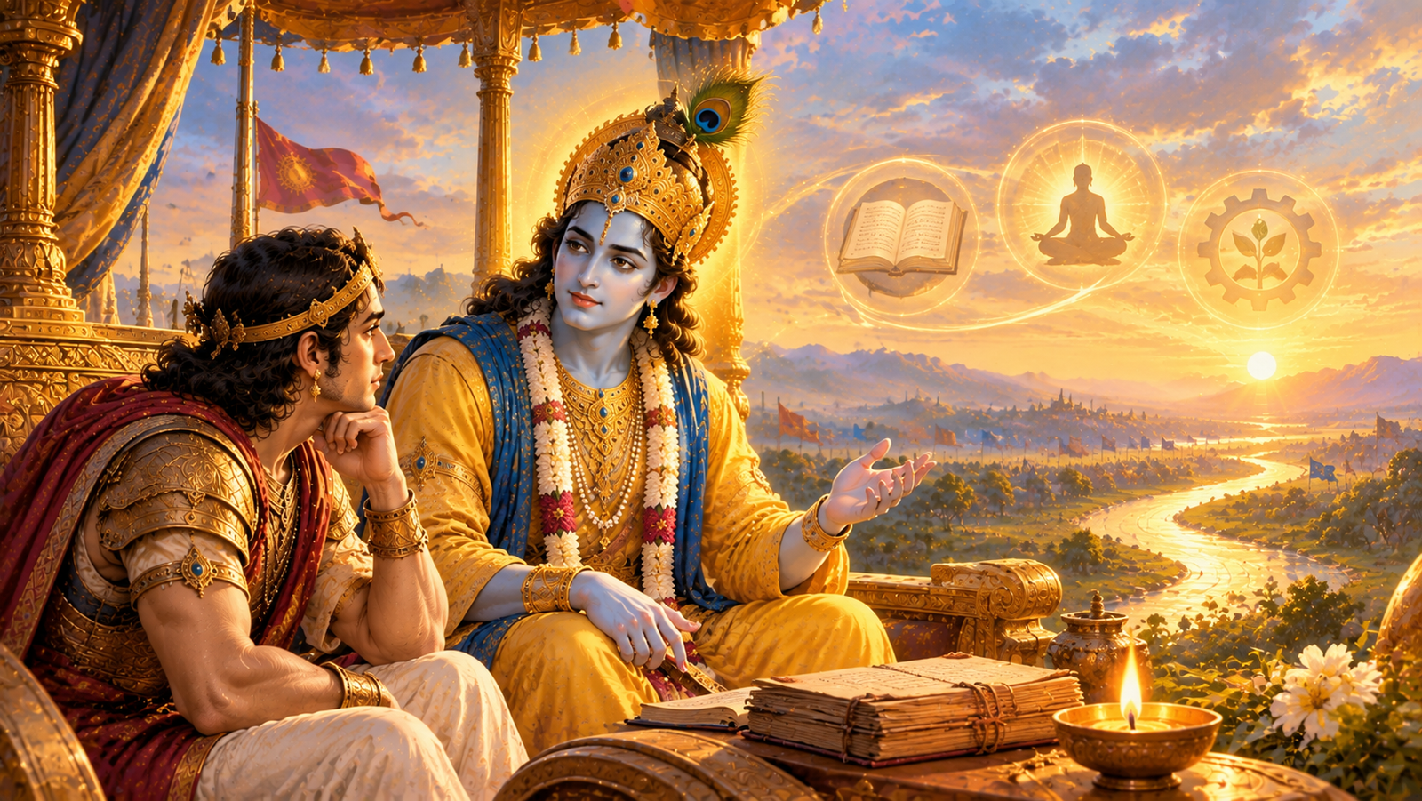 Lord Krishna explaining knowledge, action and purpose to Arjuna in Bhagavad Gita Chapter 4