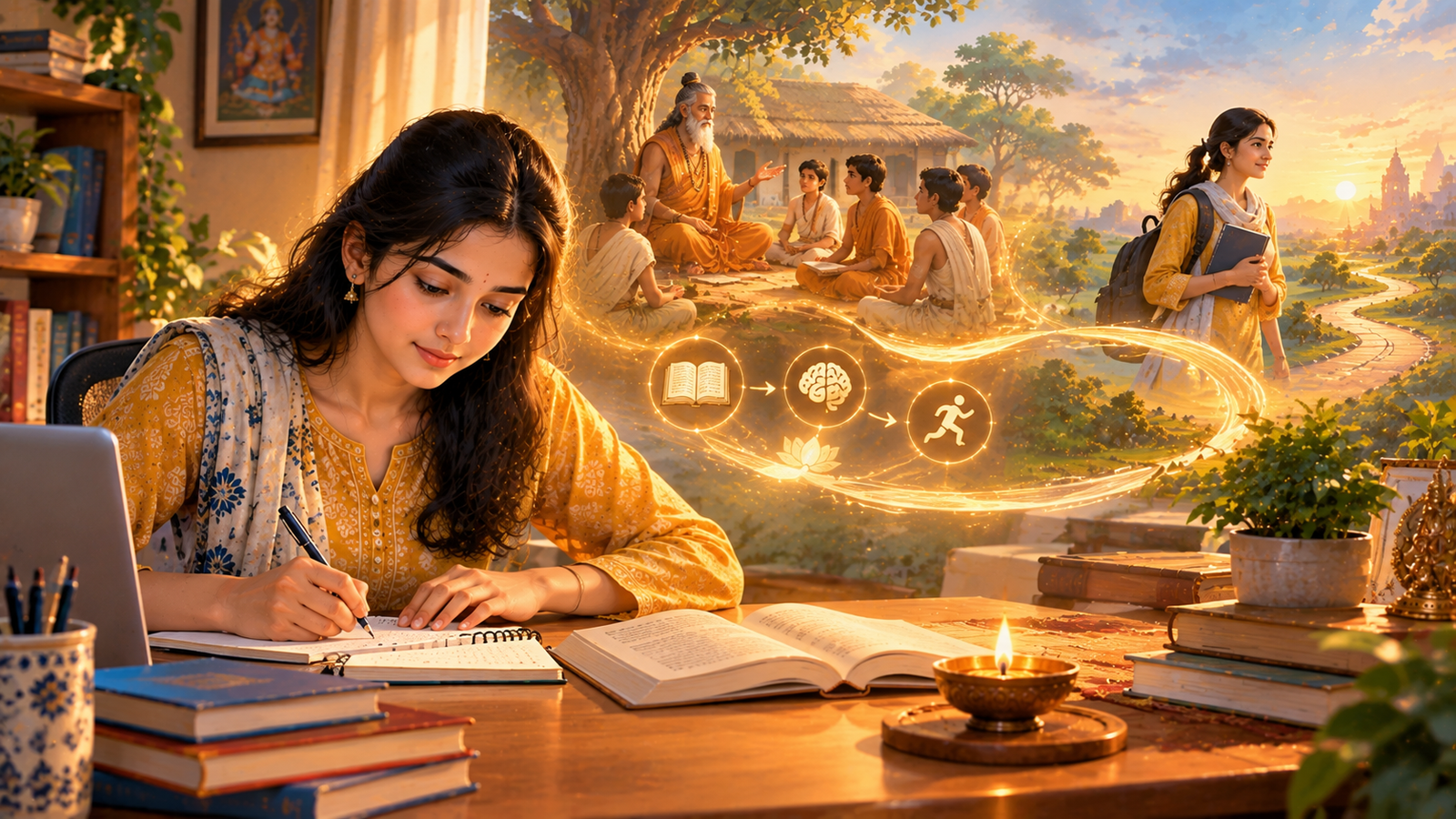 Young modern Indian person turning knowledge into meaningful action as a symbolic representation of Bhagavad Gita Chapter 4