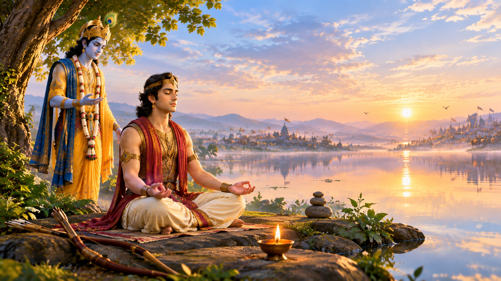 Lord Krishna teaching Arjuna meditation and control of the restless mind in Bhagavad Gita Chapter 6