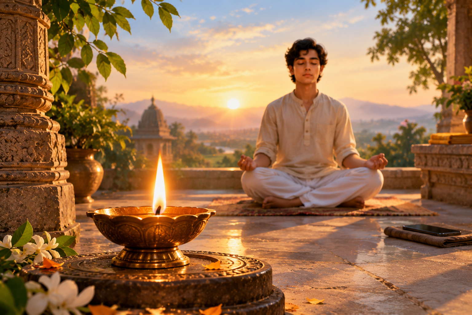 A peaceful young person meditating beside a calm lamp as a symbolic representation of Bhagavad Gita Chapter 6