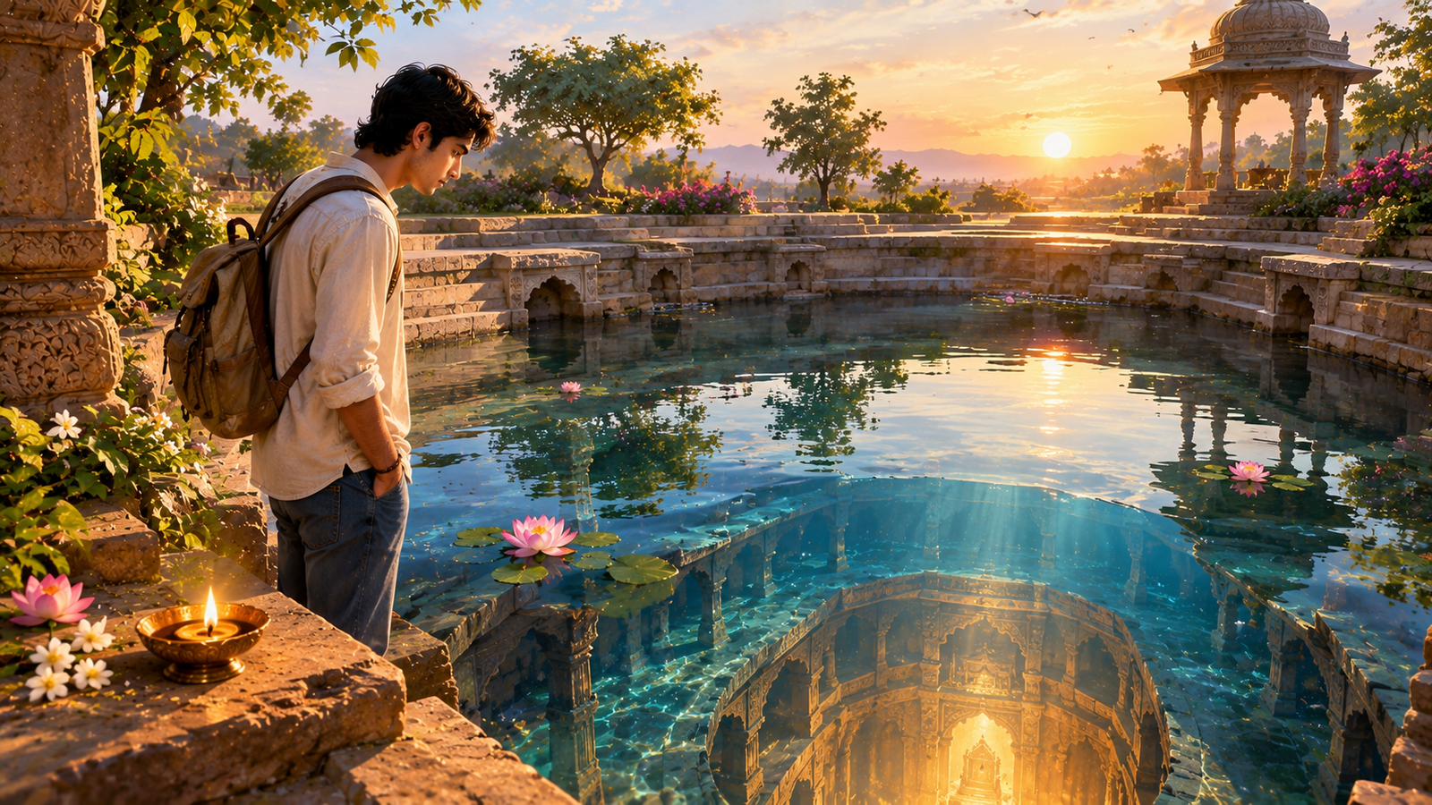 Young modern Indian person looking beyond the surface and reflecting on the deeper meaning of life as a symbolic representation of Bhagavad Gita Chapter 7