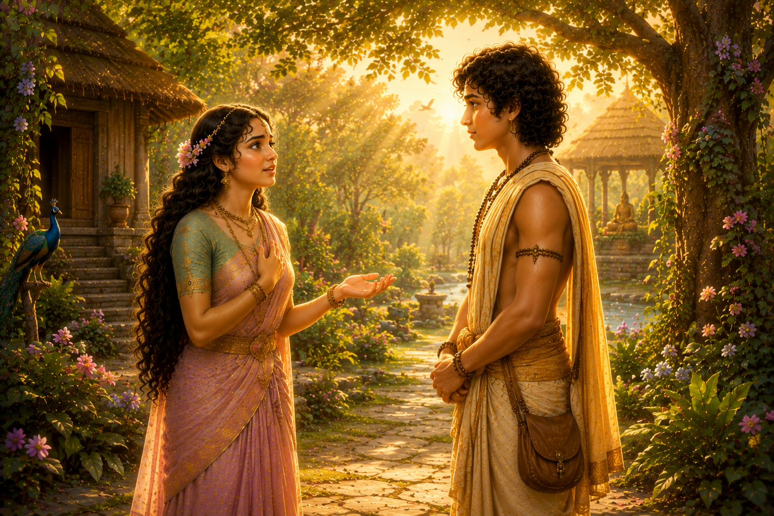 Devayani speaking to Kacha before he leaves Shukracharya’s ashram