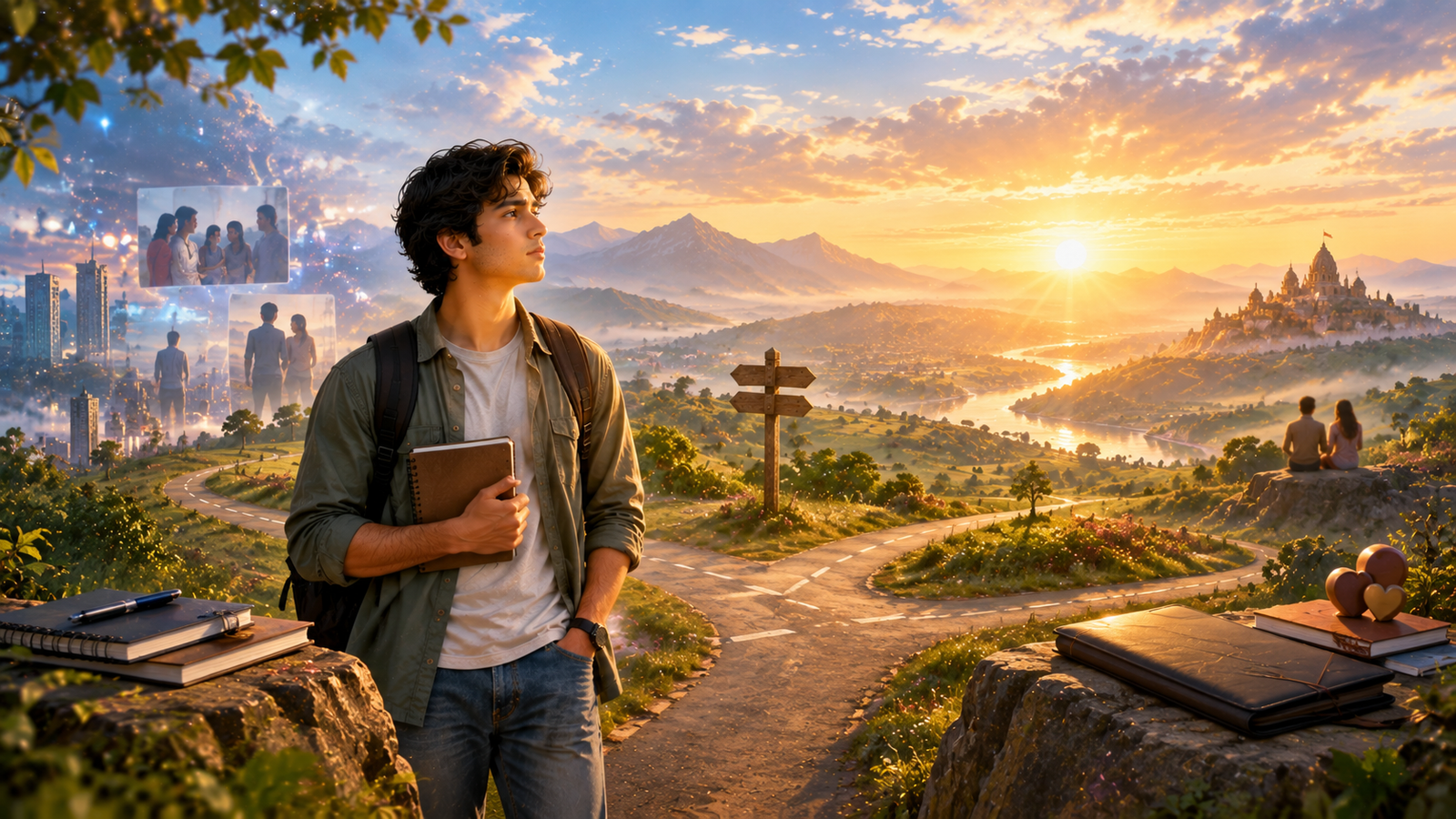 Young modern Indian person seeing the bigger picture beyond immediate problems as a symbolic representation of Bhagavad Gita Chapter 11