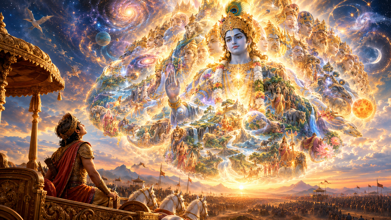 Lord Krishna revealing the cosmic universal form to Arjuna in Bhagavad Gita Chapter 11
