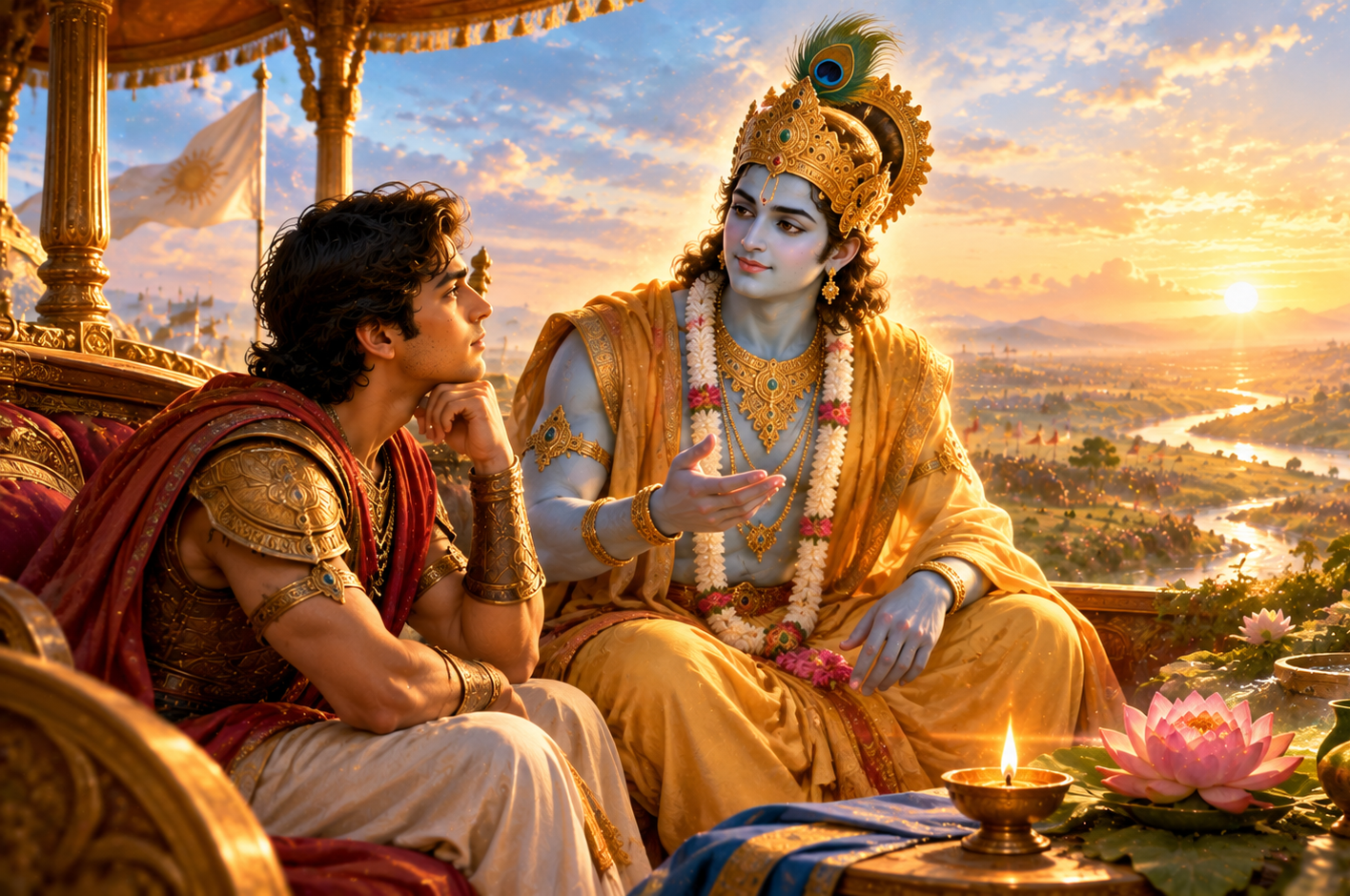 Young modern Indian person expressing sincere devotion through compassion, purpose and inner peace as a symbolic representation of Bhagavad Gita Chapter 12