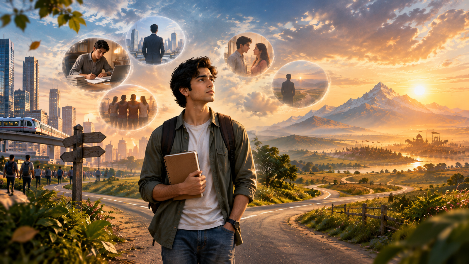 Young modern Indian person dealing with uncertainty, comparison and life choices as a symbolic representation of Bhagavad Gita Chapter 2