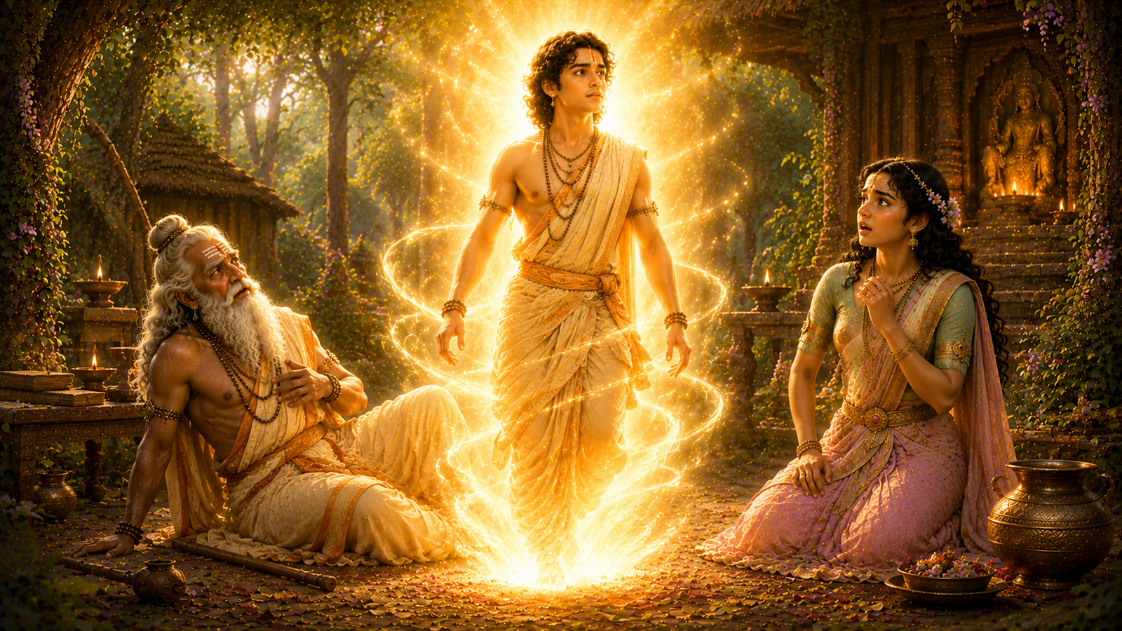 Kacha emerging in divine golden light as Shukracharya and Devayani watch