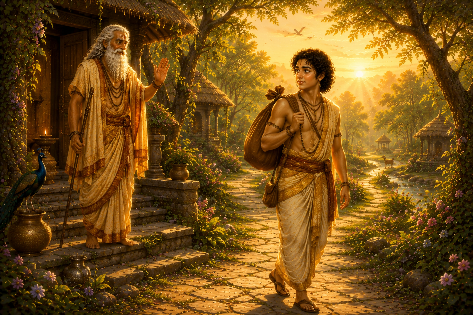 Kacha leaving the ashram with Shukracharya’s blessings and sacred knowledge