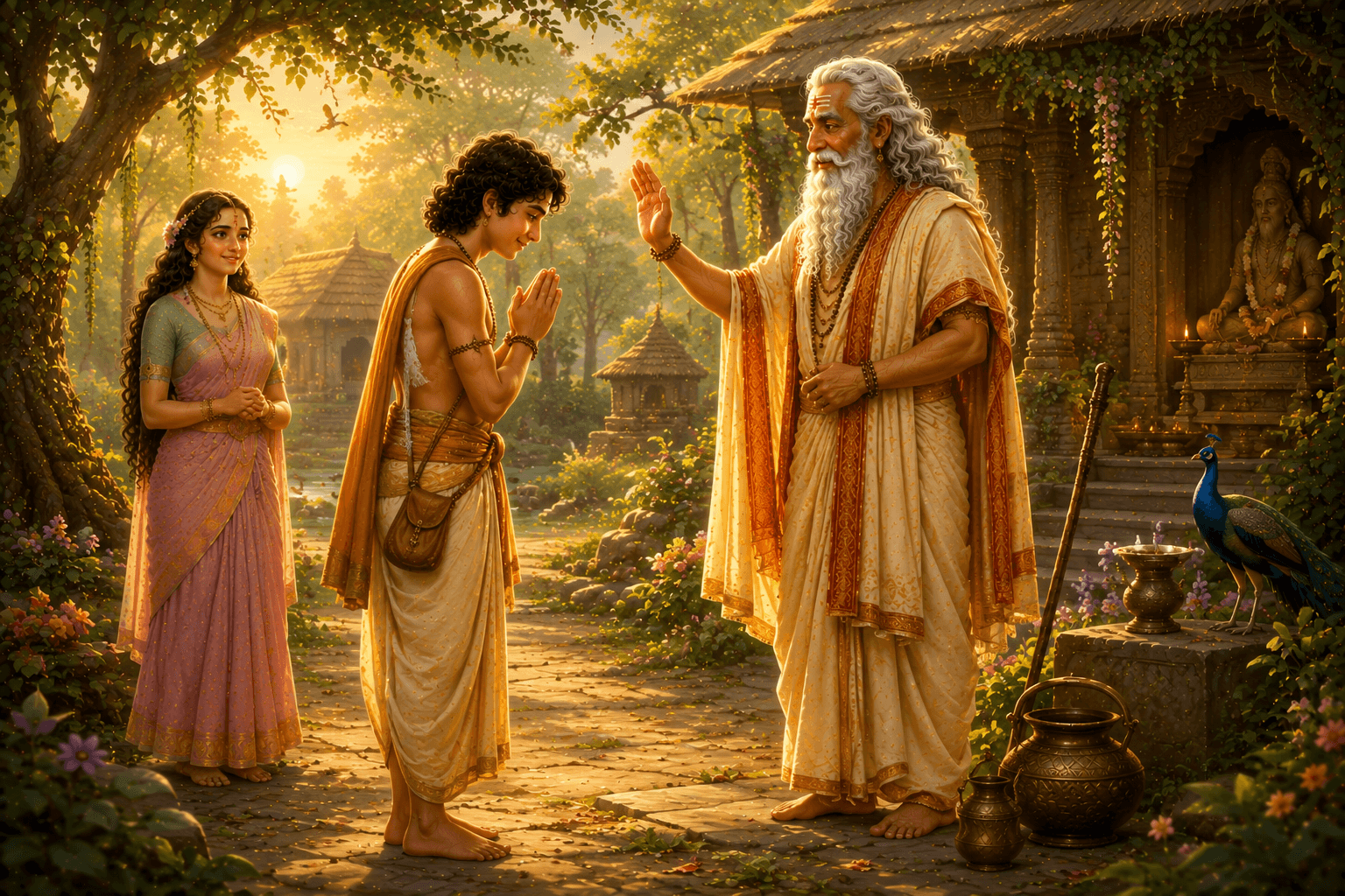 Kacha respectfully taking leave from Shukracharya after completing his education