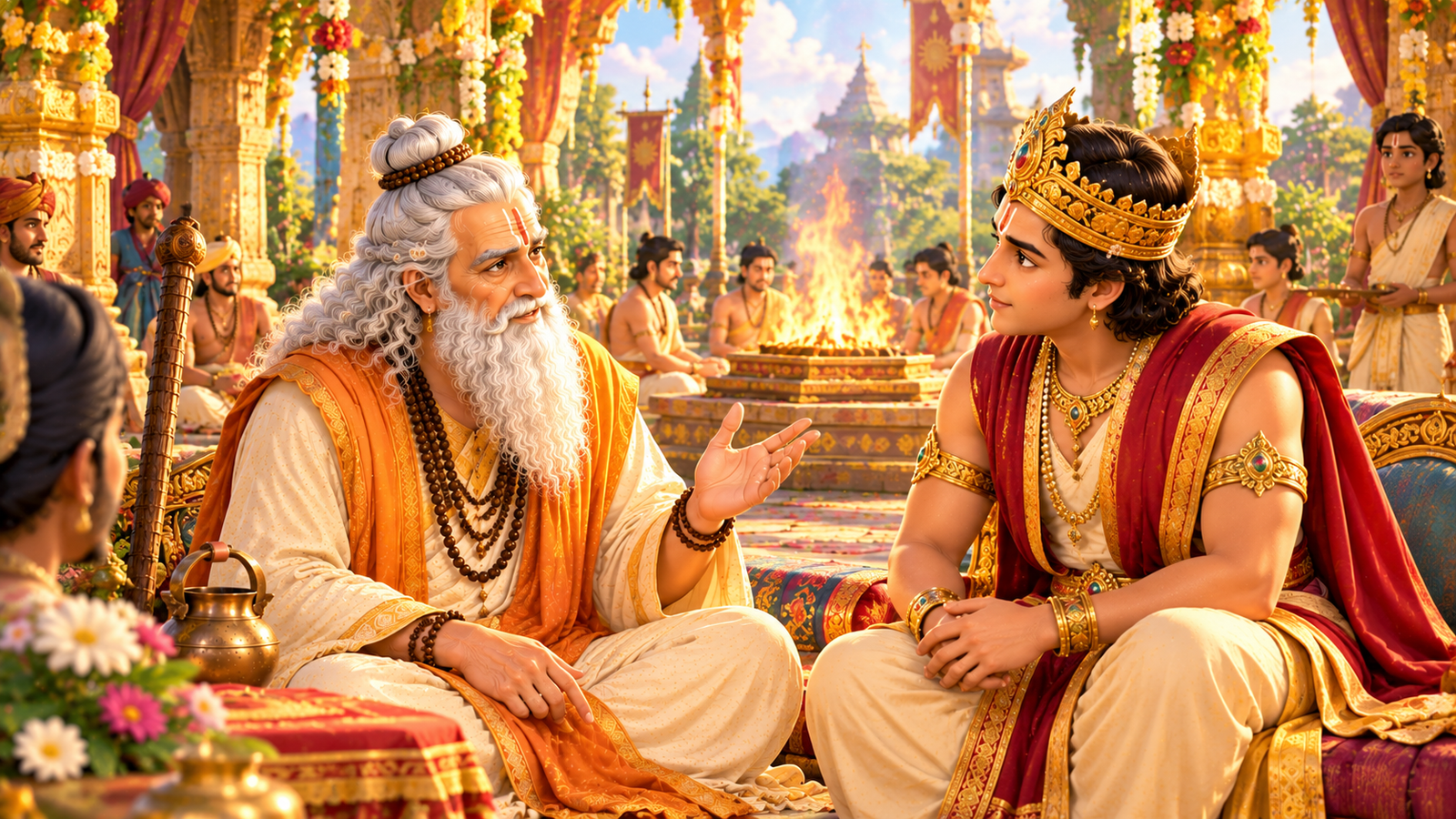 Shukracharya guiding King Bali with wise advice during an ancient royal yajna
