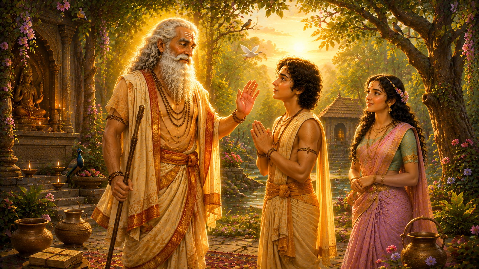 Shukracharya blessing Kacha while Devayani watches with happiness