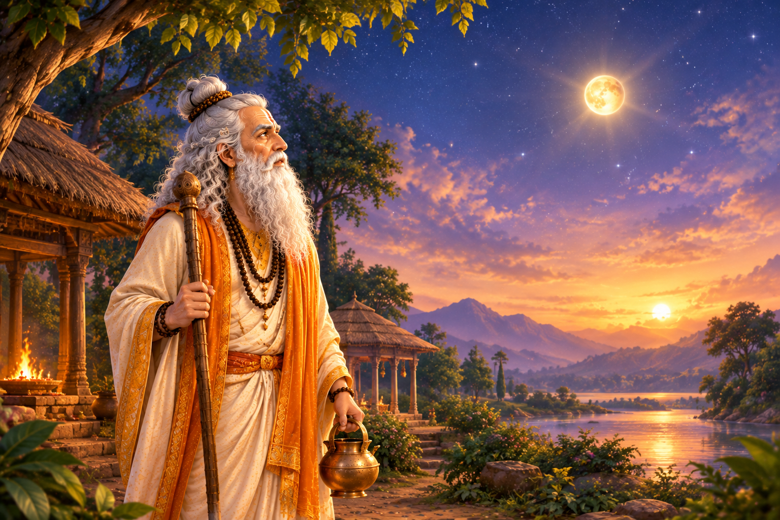 Shukracharya portrayed as the wise guru associated with the bright planet Venus
