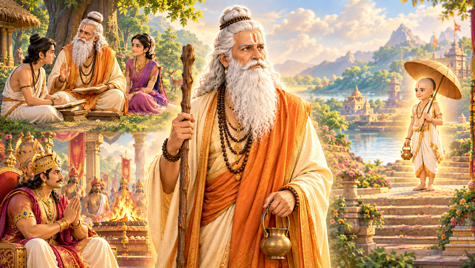 Shukracharya standing peacefully with symbolic scenes from his important mythological stories around him
