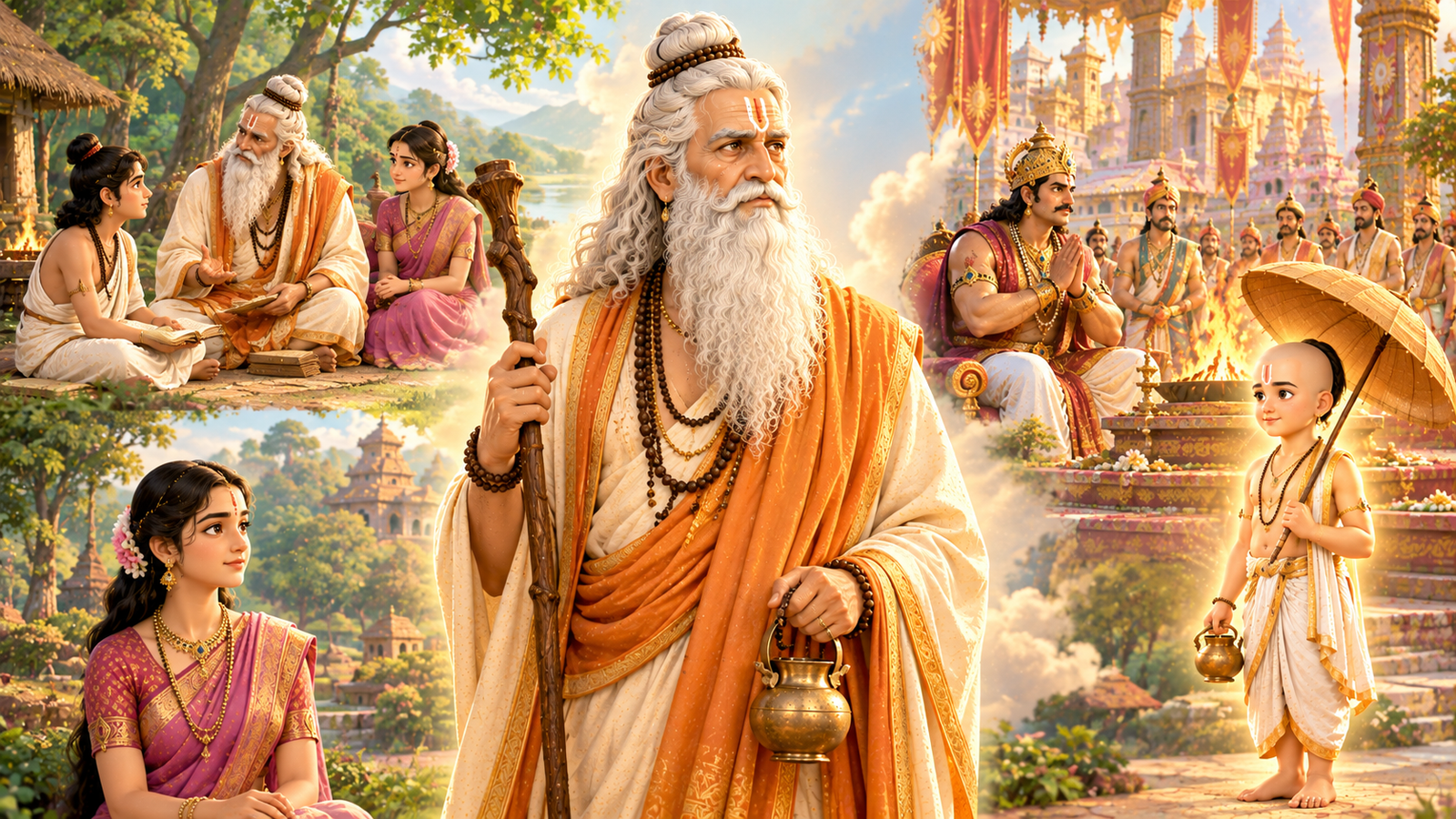 Shukracharya surrounded by scenes from his mythological legacy