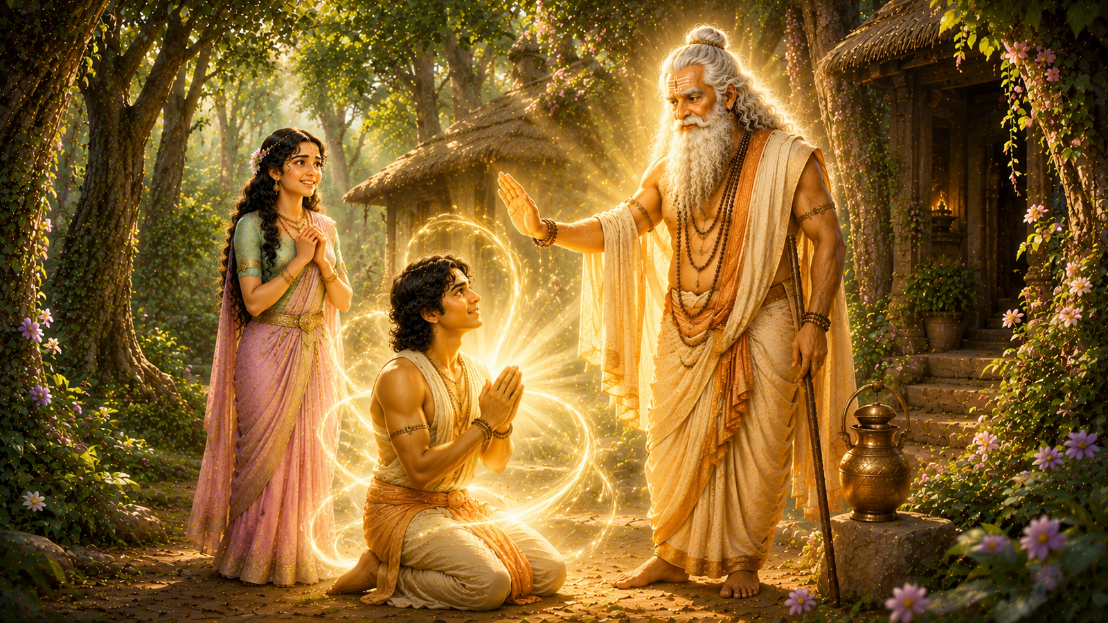 Shukracharya protecting Kacha with the divine power of Sanjeevani Vidya