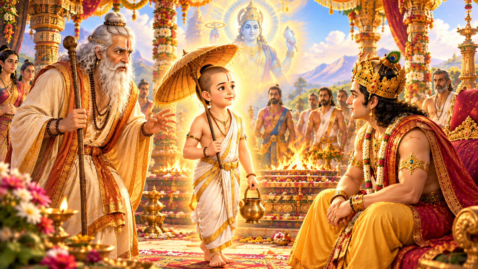 Shukracharya recognizing Vamana as Lord Vishnu and trying to protect King Bali