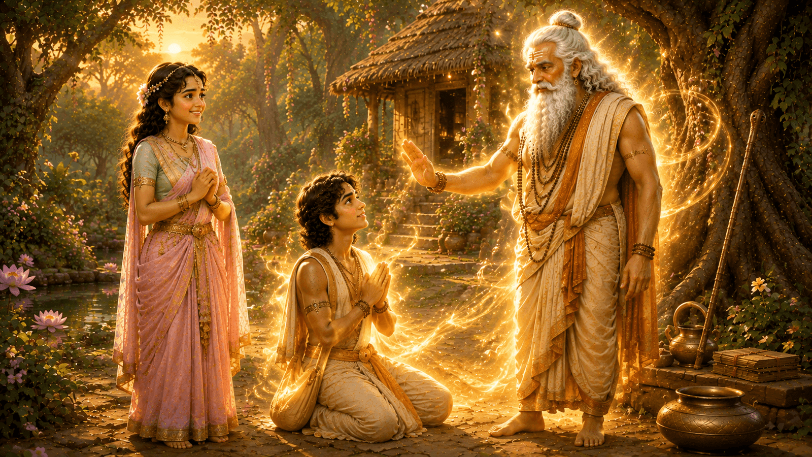 Shukracharya using his divine knowledge to bring Kacha safely back to the ashram