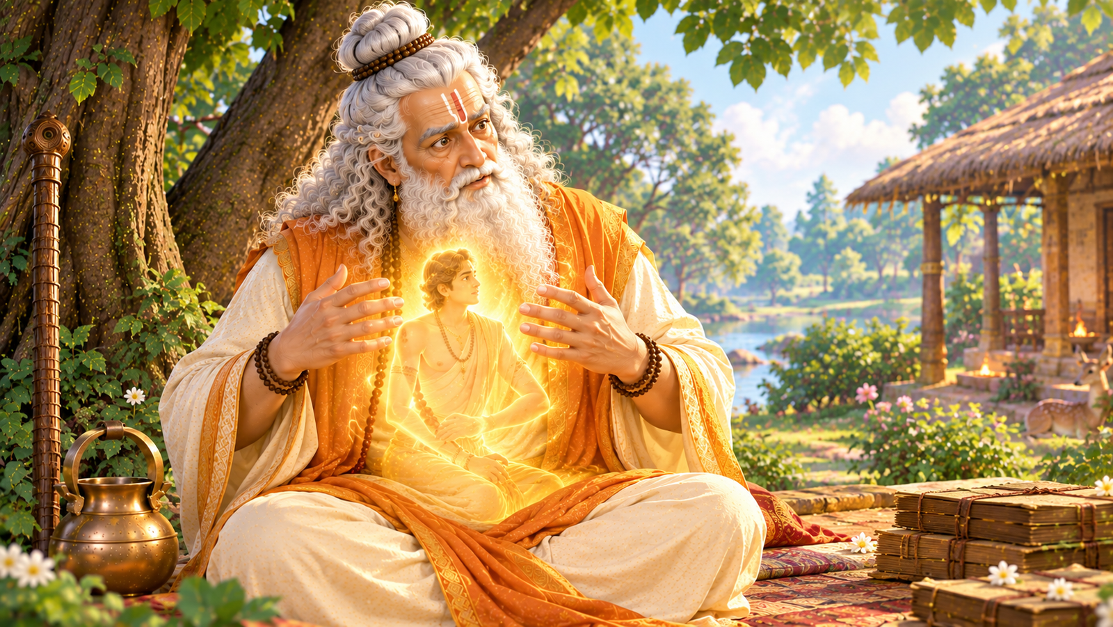 Shukracharya understanding the difficult situation involving Kacha in the ancient ashram