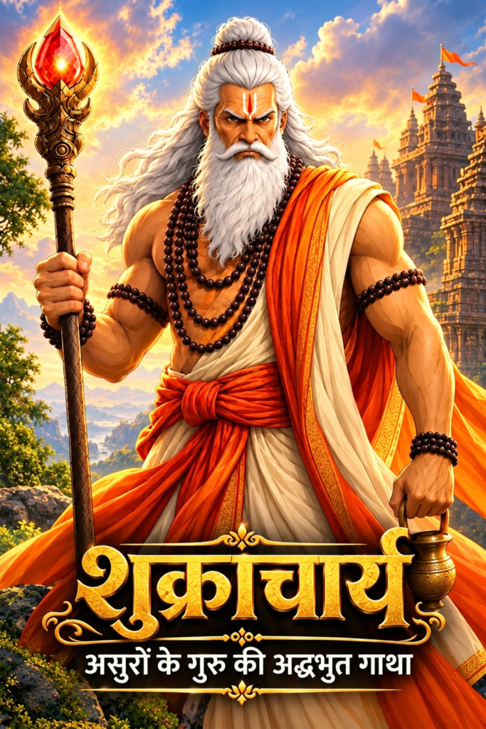 Shukracharya story for kids – Asuron ke guru with sacred staff and temple background