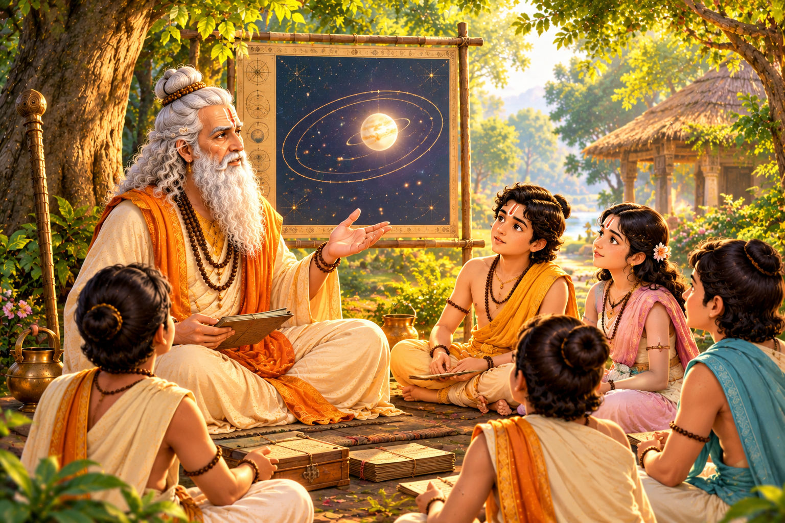 Shukracharya teaching young students about knowledge, wisdom and the meaning of Shukra