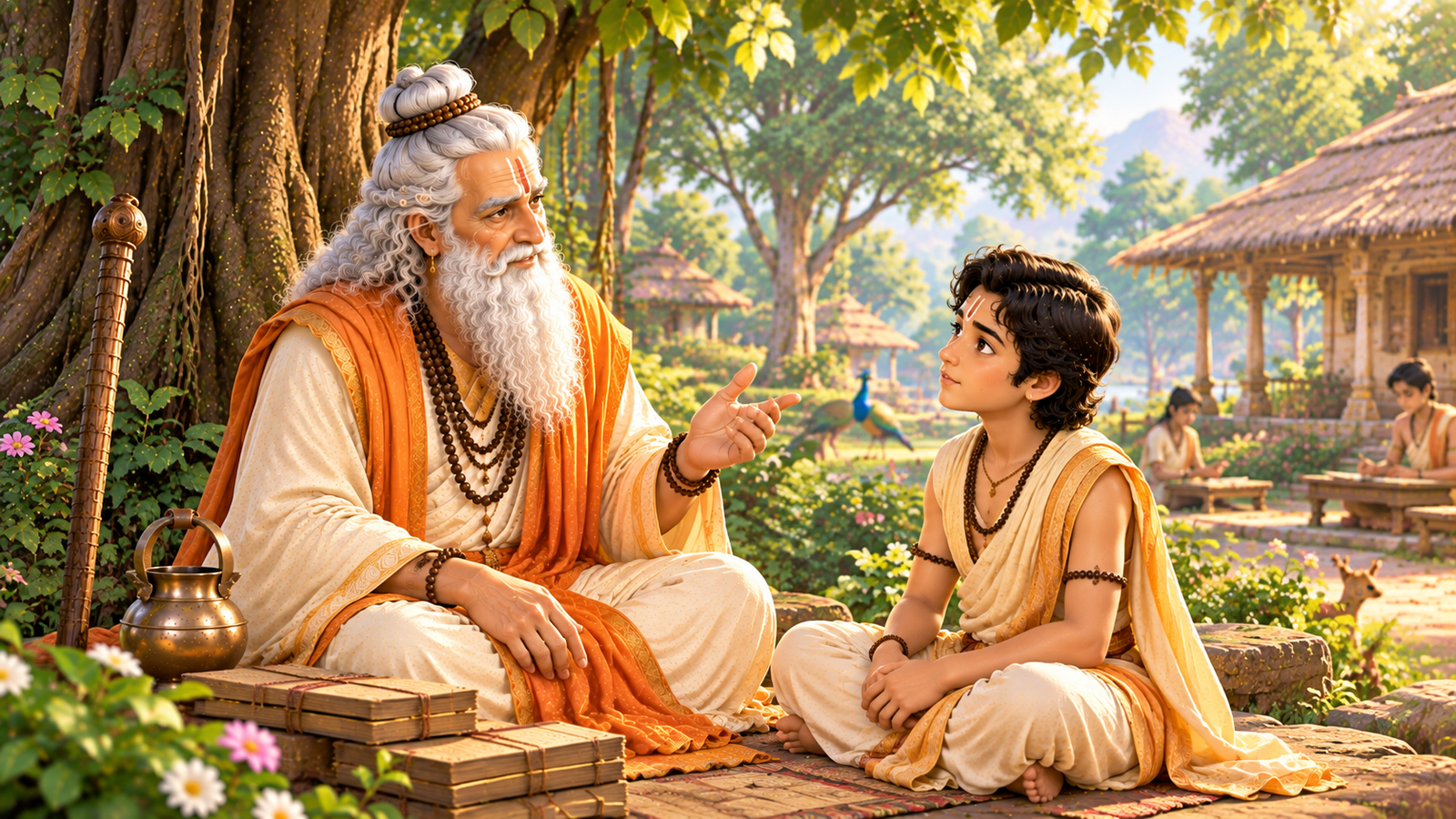 Shukracharya teaching Kacha in an ancient Indian forest ashram