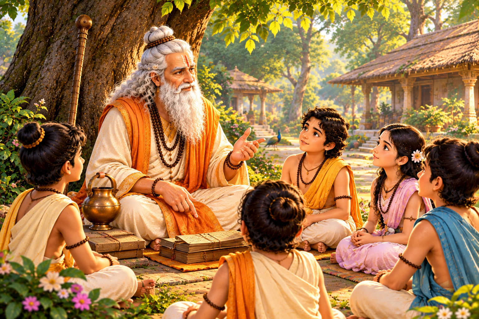 Shukracharya teaching children about wisdom, discipline and good decisions in an ancient Indian ashram