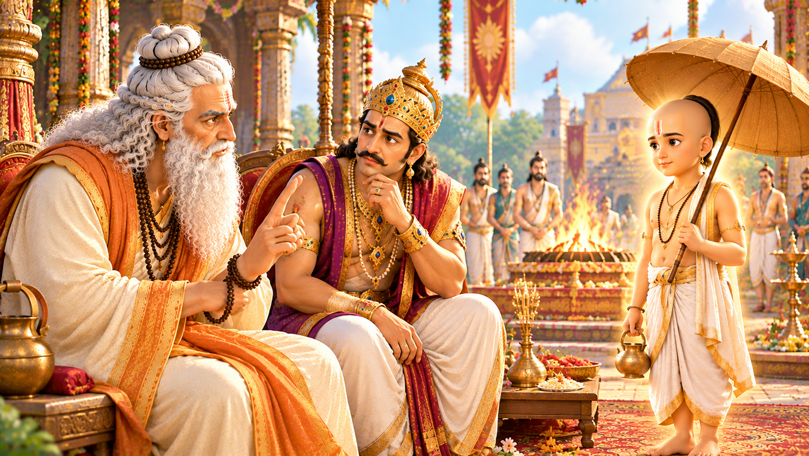 Shukracharya warning King Bali about Vamana during the yajna