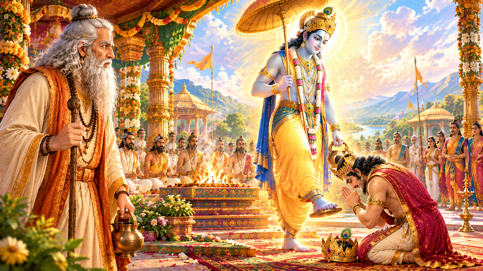 Shukracharya observing the divine Vamana and Bali story with a thoughtful expression