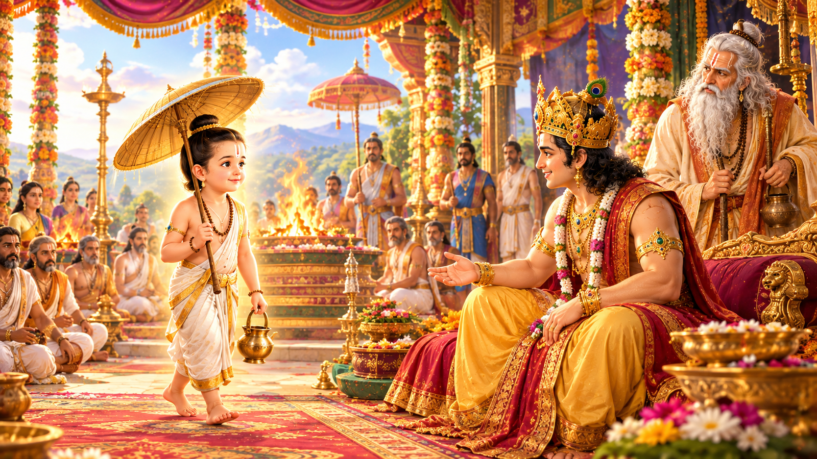 Young Vamana arriving at King Bali's grand yajna as a radiant Brahmin boy