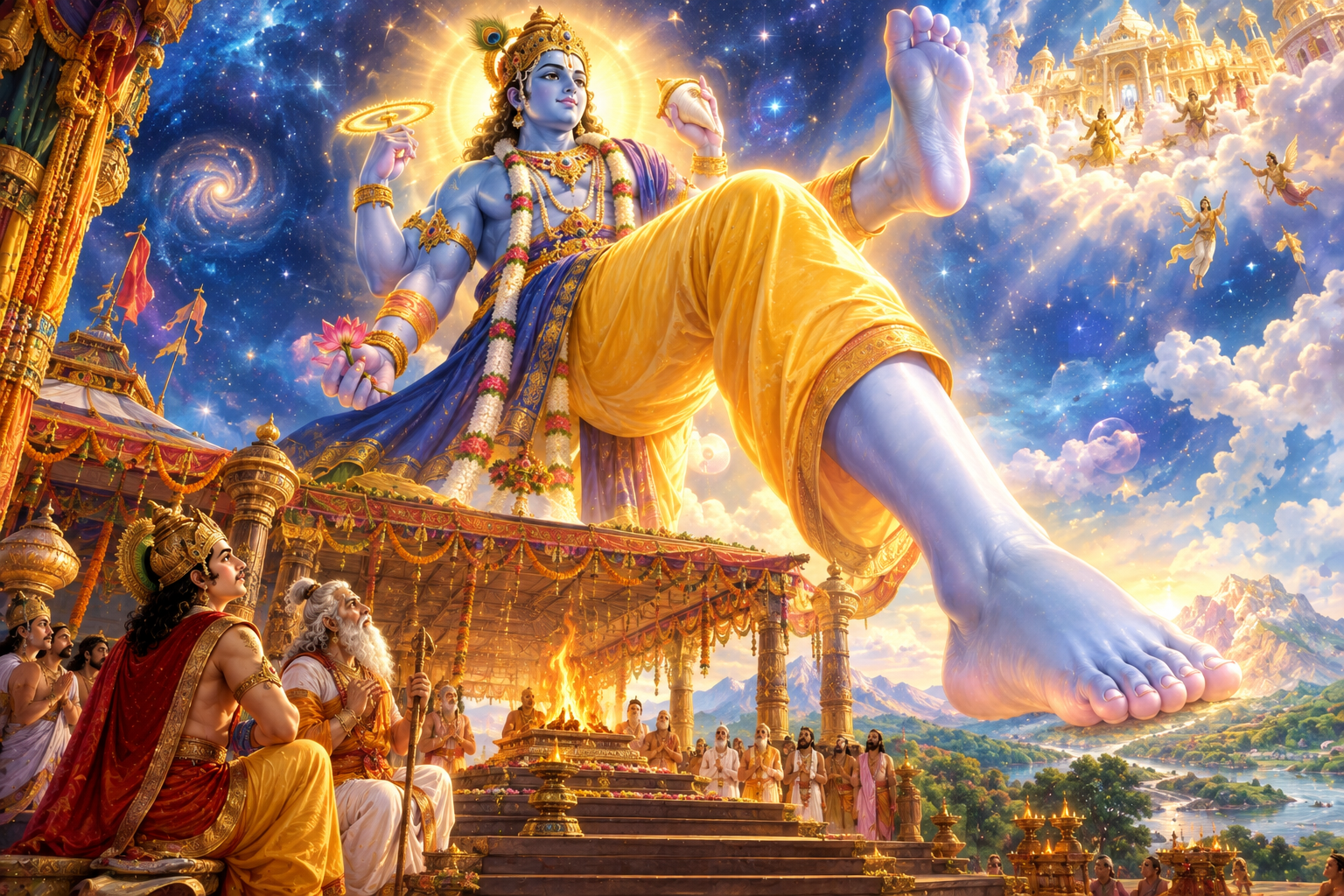 Vamana expanding into the magnificent cosmic form of Trivikrama before King Bali