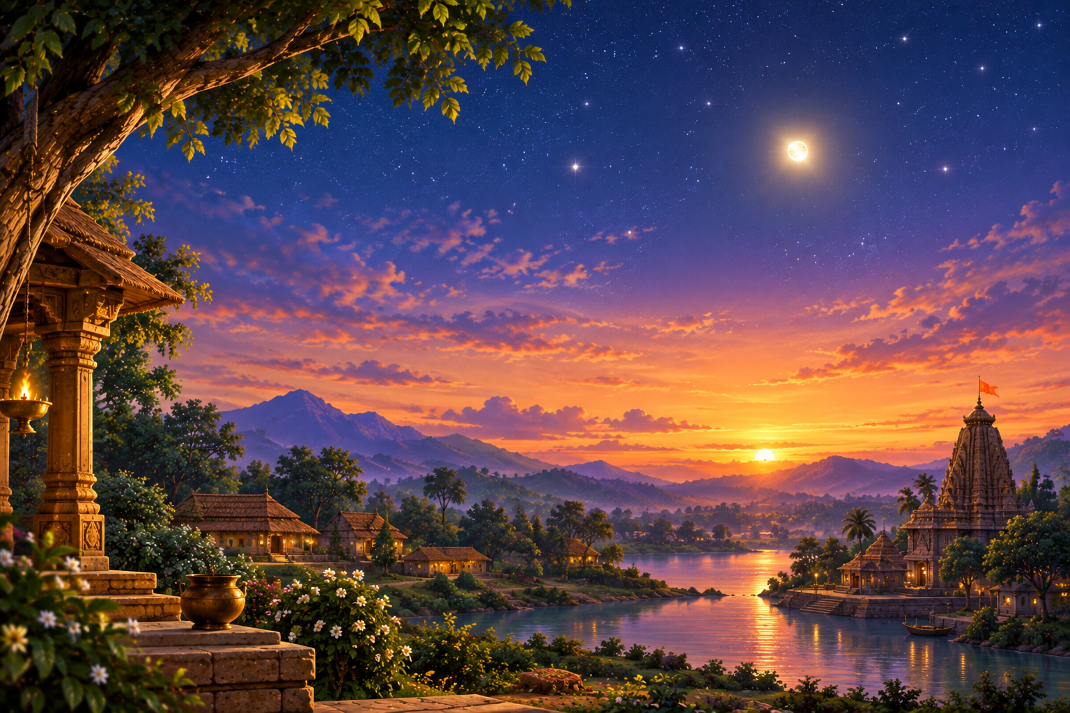 The bright planet Venus shining in the evening sky above an ancient Indian landscape