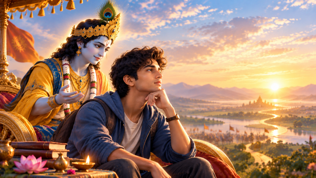 Young man reflects as Krishna guides him toward inner clarity in Bhagavad Gita for Gen Z