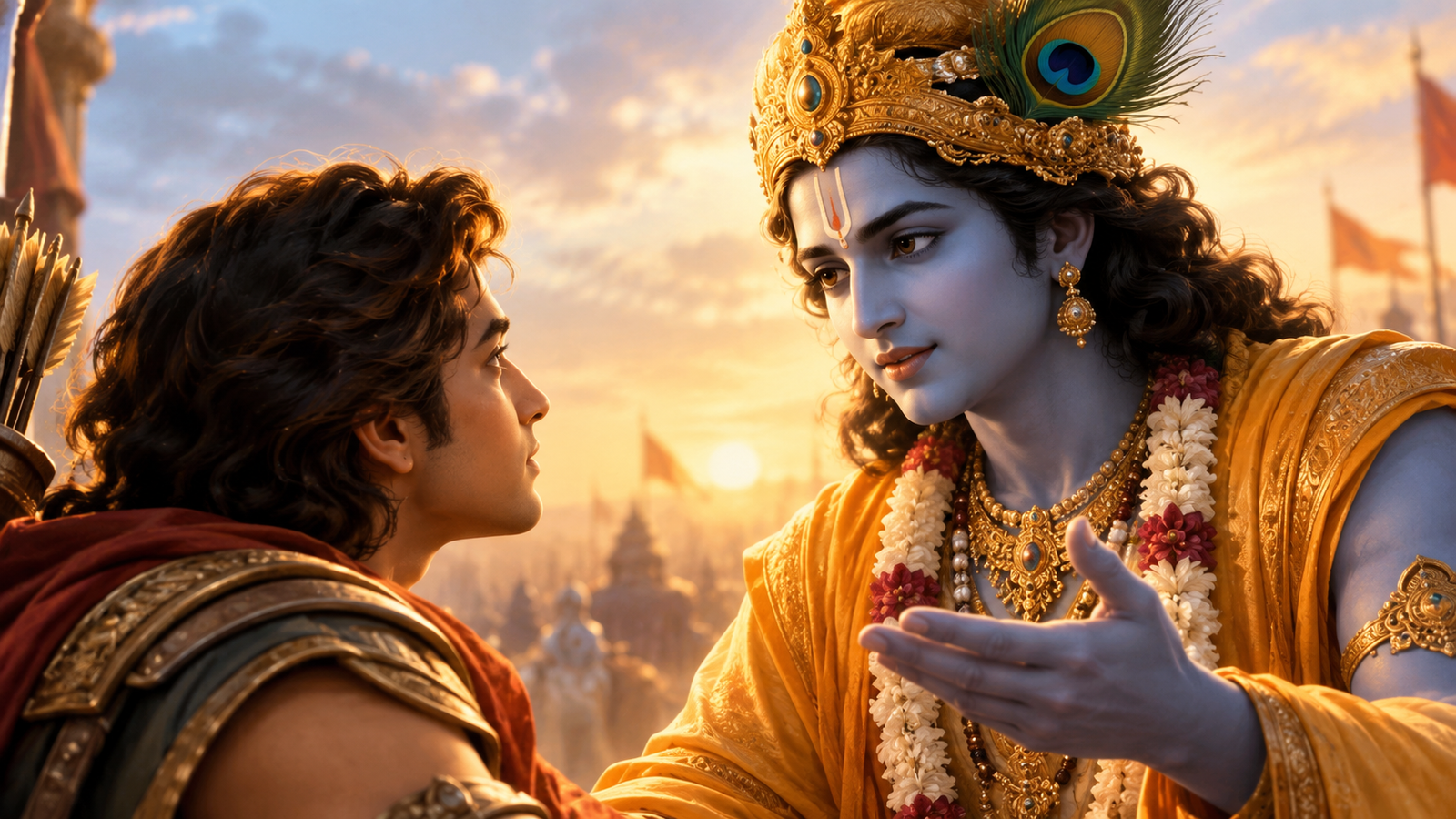 Lord Krishna guiding Arjuna in Bhagavad Gita for Gen Z