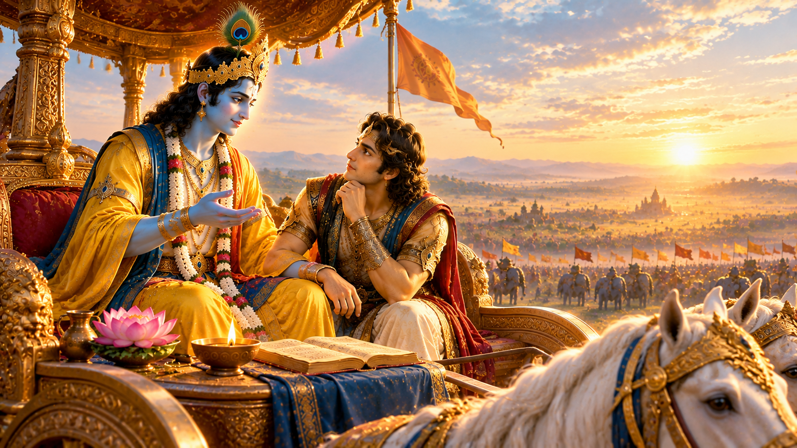 Lord Krishna guiding Arjuna on Kurukshetra in the Bhagavad Gita