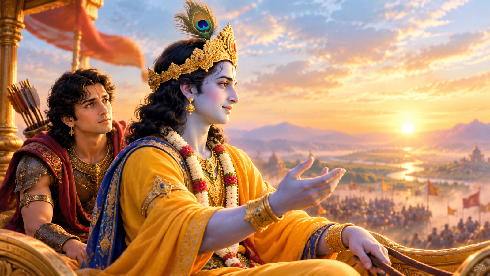 Krishna guides a confused Arjuna on the chariot at Kurukshetra in Bhagavad Gita Chapter 1