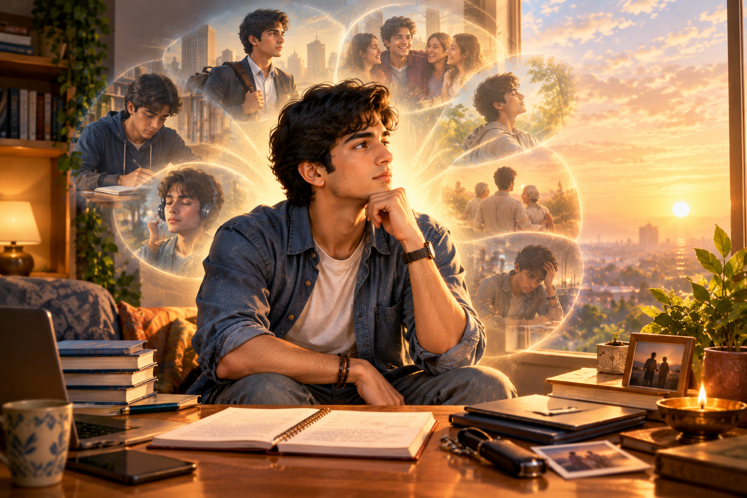 Young modern Indian person observing thoughts and emotions with self-awareness as a symbolic representation of Bhagavad Gita Chapter 13