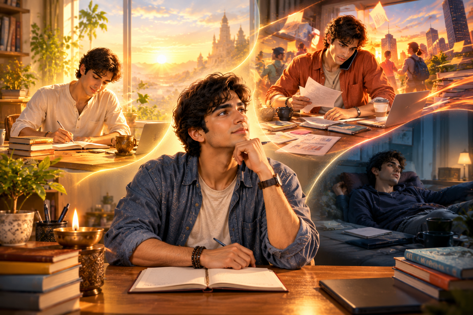 Young modern Indian person observing changing inner patterns of clarity ambition and inertia as a symbolic representation of Bhagavad Gita Chapter 14