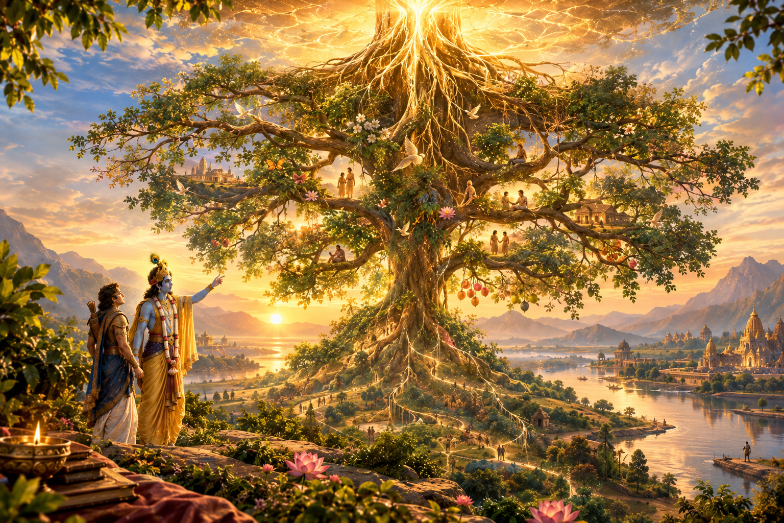 Lord Krishna explaining the symbolic Tree of Life to Arjuna in Bhagavad Gita Chapter 15