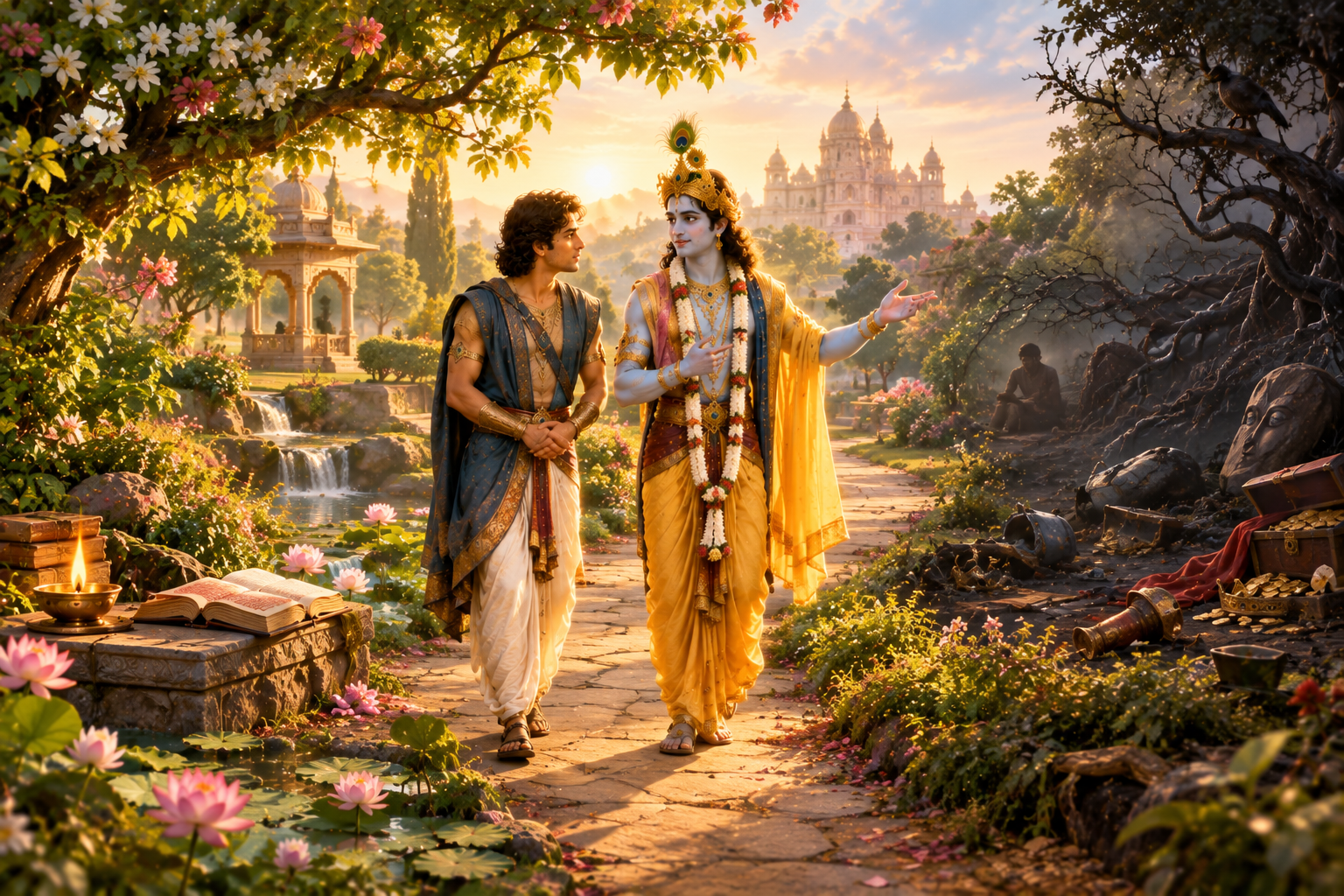 Lord Krishna explaining divine and harmful qualities to Arjuna in Bhagavad Gita Chapter 16