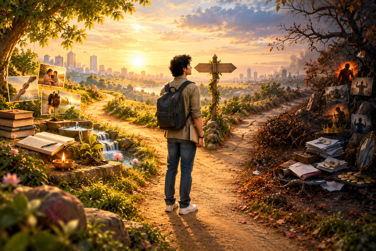 Young modern Indian person reflecting on character choices and inner qualities as a symbolic representation of Bhagavad Gita Chapter 16