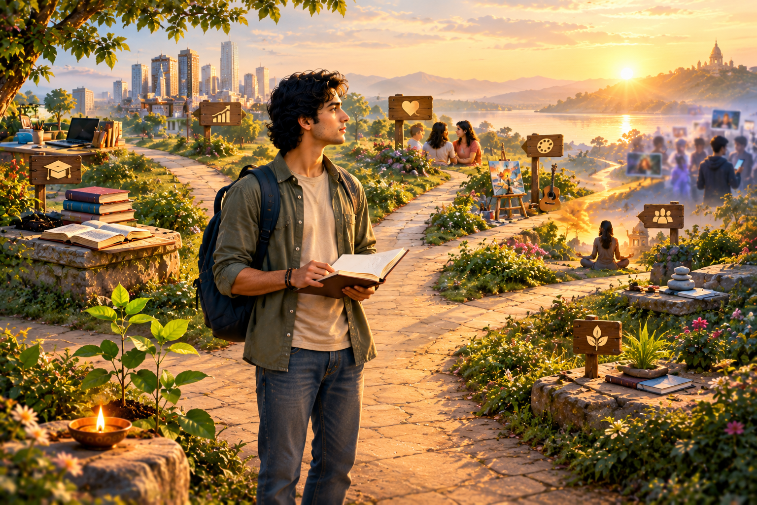Young modern Indian person reflecting on beliefs values and choices as a symbolic representation of Bhagavad Gita Chapter 17